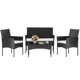 Four-piece Garden Furniture Set, Equipped With Detachable Cushions And Tempered Glass Coffee Table (Option: Black)